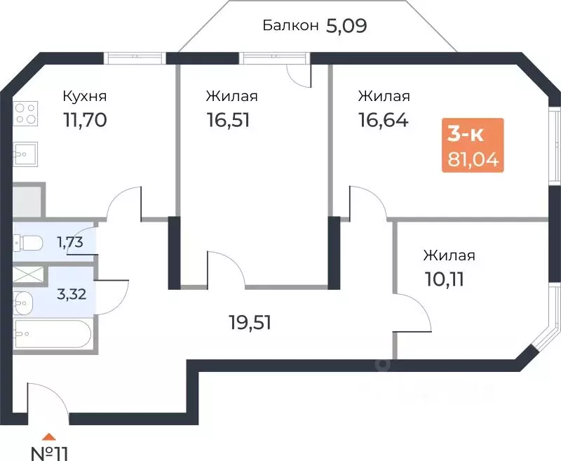 3-к кв. Самарская область, Самара ул. Санфировой, 101 (80.9 м) - Фото 0