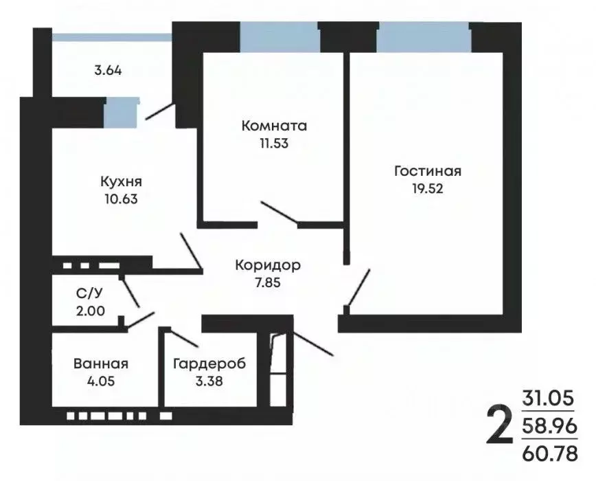 2-к кв. Воронежская область, Воронеж ул. Курчатова, 26Б (60.78 м) - Фото 0