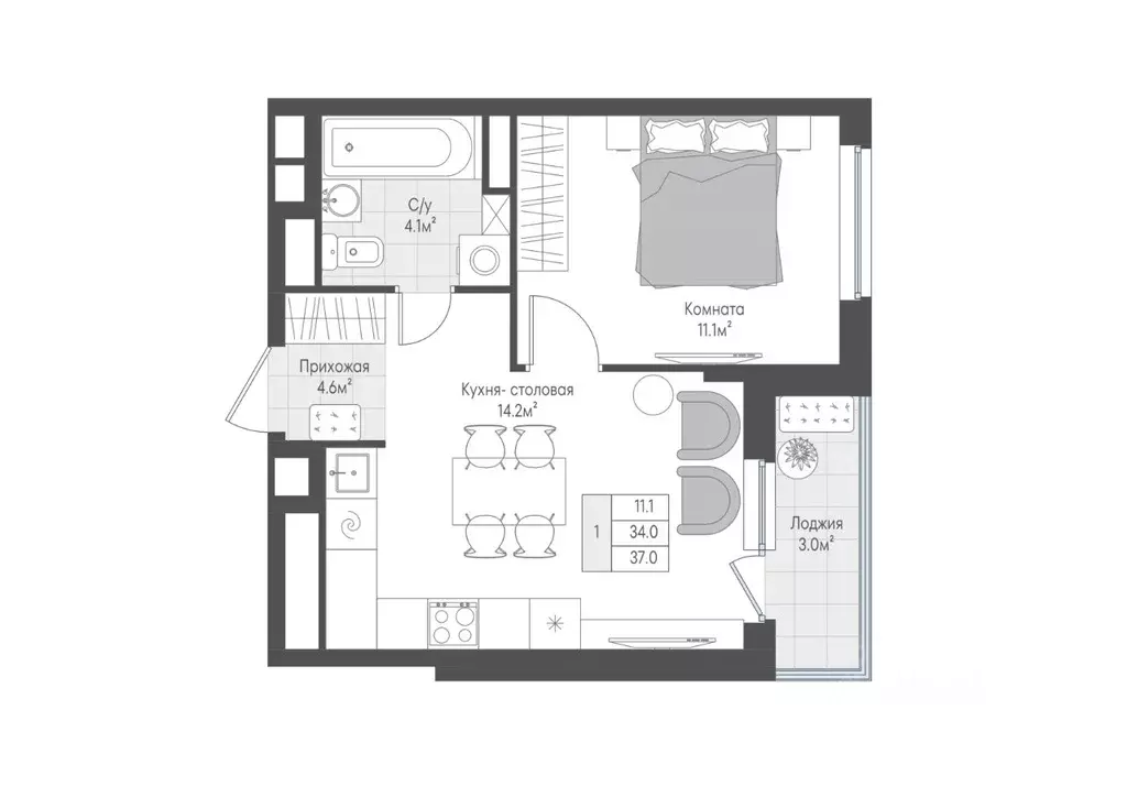 1-к кв. Тверская область, Тверь Лесная Мелодия-3 жилой комплекс (35.55 ... - Фото 1