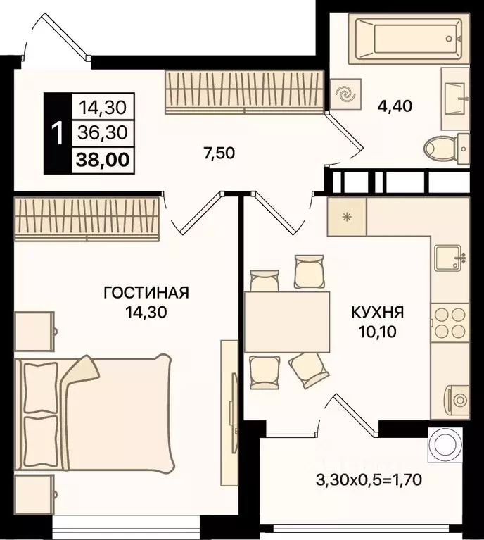 1-к кв. Ростовская область, Ростов-на-Дону просп. Шолохова (38.0 м) - Фото 1