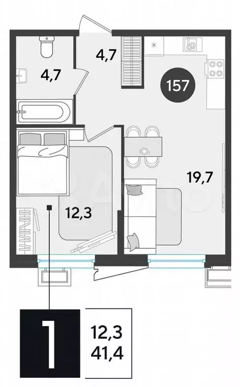 1-к. квартира, 41,4 м, 2/9 эт. - Фото 1