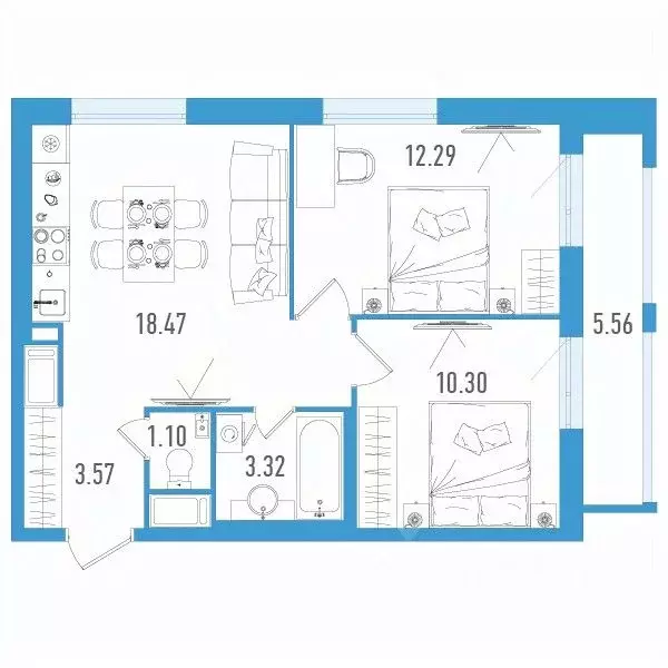 2-к кв. Санкт-Петербург дор. Муринская, 67 (50.72 м) - Фото 1