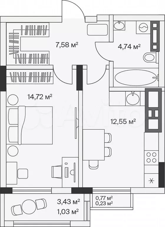 1-к. квартира, 40,9 м, 6/7 эт. - Фото 1