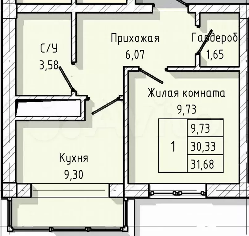 1-к. квартира, 31,7 м, 7/8 эт. - Фото 1