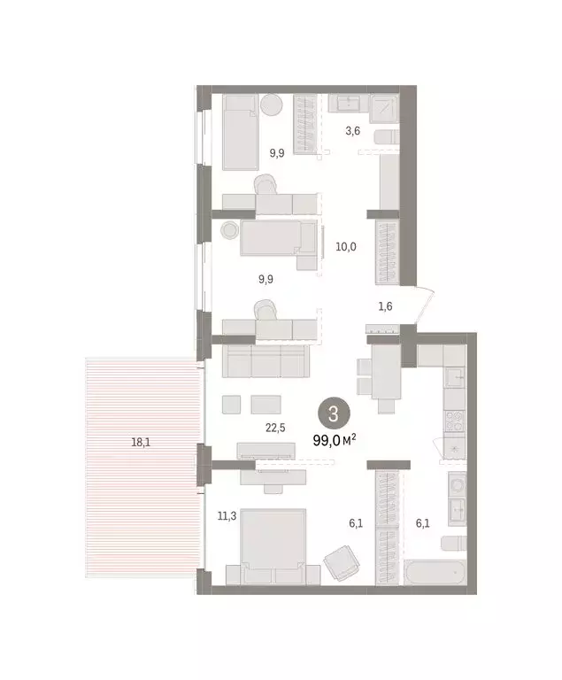 3-комнатная квартира: Омск, ЖК Кварталы Драверта (99.03 м) - Фото 2
