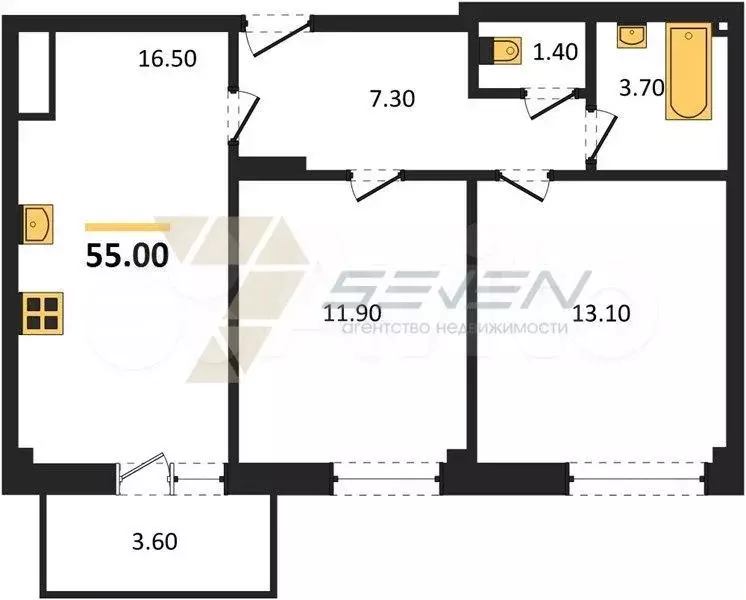 2-к. квартира, 55 м, 7/9 эт. - Фото 0