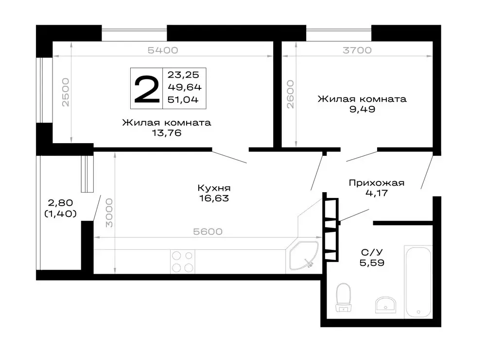 2-комнатная квартира: Республика Адыгея (Адыгея), Майкоп (51.04 м) - Фото 1
