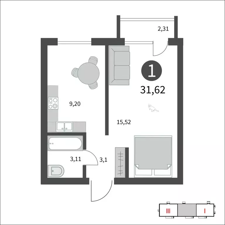 1-комнатная квартира: Гагарин, улица Строителей, 127 (31.62 м) - Фото 0