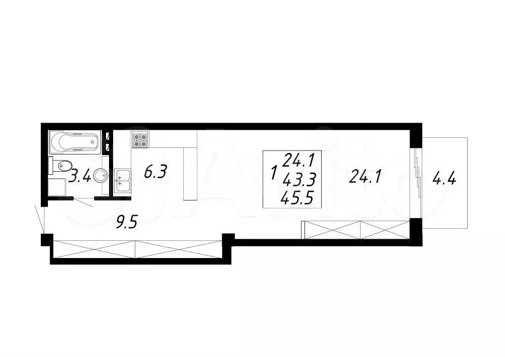 1-к. квартира, 45,5 м, 8/8 эт. - Фото 0