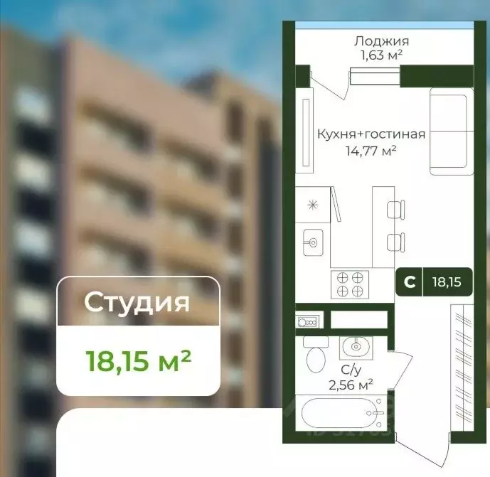 Студия Краснодарский край, Краснодар ул. Шевцова, 8 (18.5 м) - Фото 1