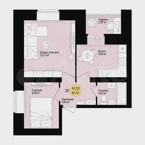 2-к. квартира, 45,4 м, 8/9 эт. - Фото 0