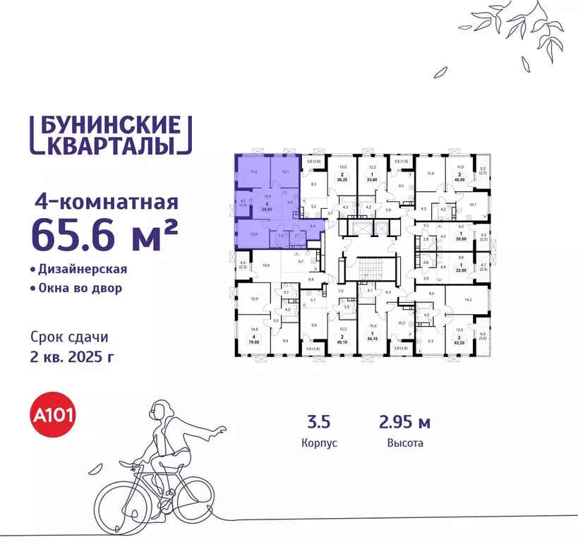 4-к кв. Москва Бунинские Кварталы жилой комплекс, к3.1 (65.6 м) - Фото 1