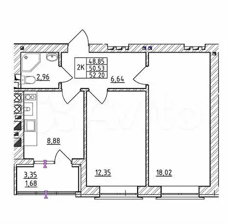 2-к. квартира, 50,5 м, 1/7 эт. - Фото 1