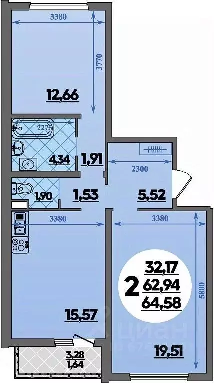 2-к кв. Адыгея, Майкоп  (64.58 м) - Фото 1