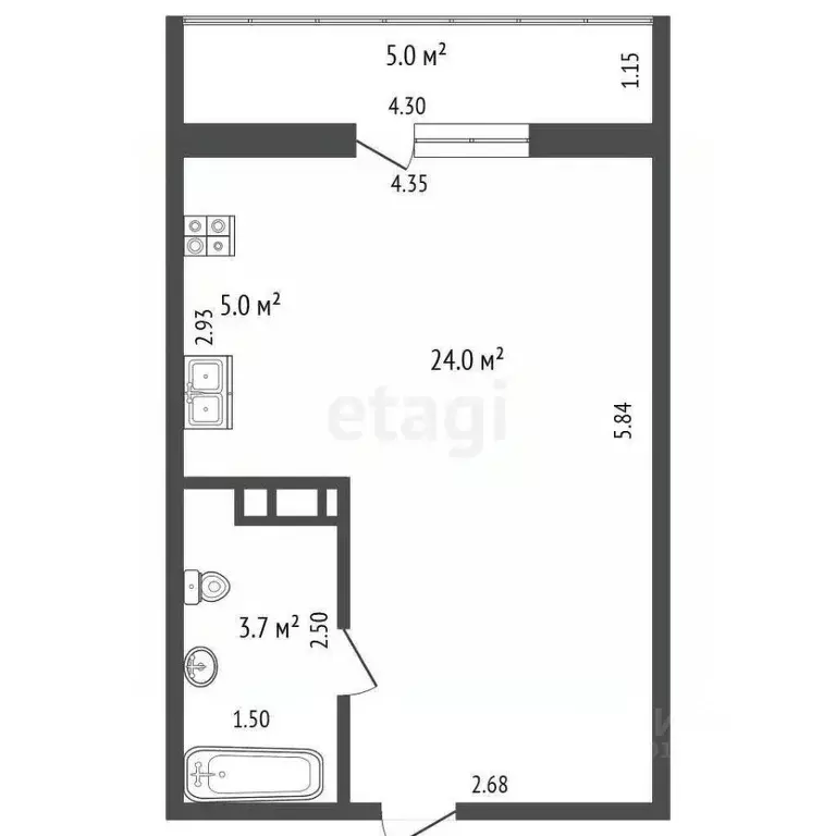 Студия Ханты-Мансийский АО, Нягань 4-й мкр, 30/1 (24.4 м) - Фото 2