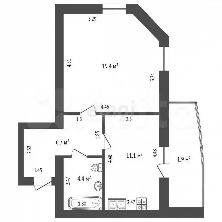 1-к. квартира, 41 м, 3/9 эт. - Фото 0