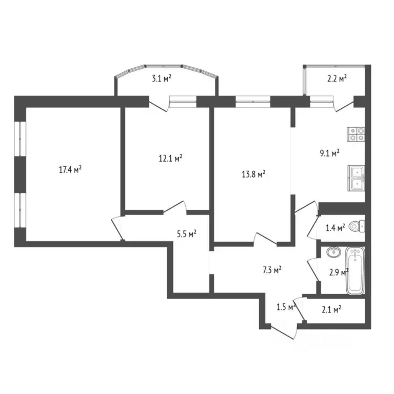 3-к кв. Тюменская область, Тюмень ул. Героев Космоса, 9 (73.1 м) - Фото 2