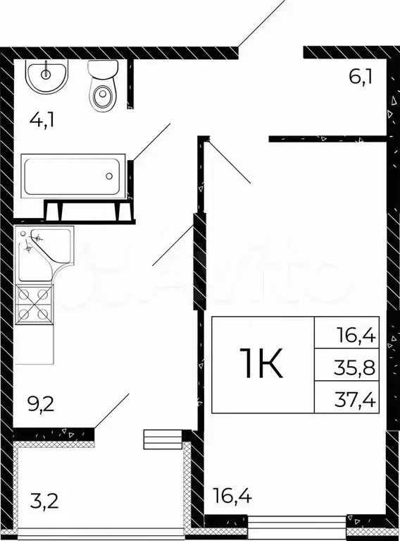 1-к. квартира, 37,4 м, 4/15 эт. - Фото 1