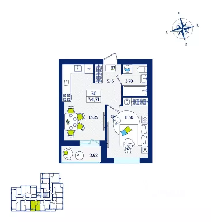 1-к кв. Калининградская область, Зеленоградск  (34.71 м) - Фото 1