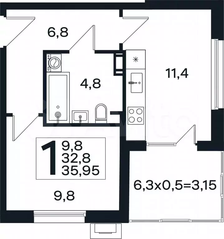 1-к. квартира, 36 м, 2/4 эт. - Фото 0