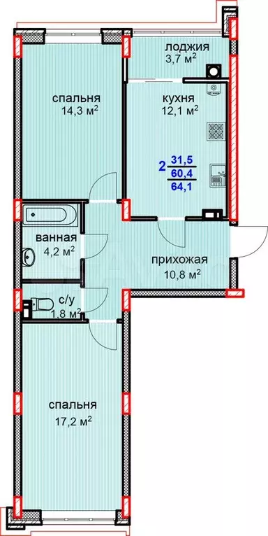 2-к. квартира, 64,2 м, 10/10 эт. - Фото 0