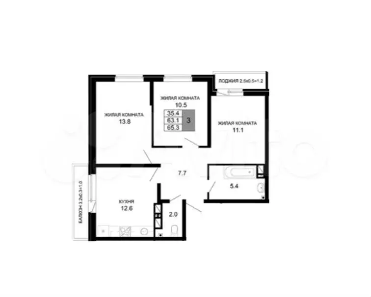 3-к. квартира, 65,3 м, 14/16 эт. - Фото 1