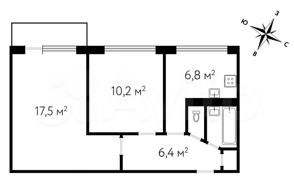 2-к. квартира, 44,5 м, 6/9 эт. - Фото 0