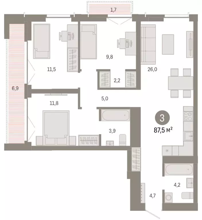3-комнатная квартира: Новосибирск, Большевистская улица, 66 (87.49 м) - Фото 2