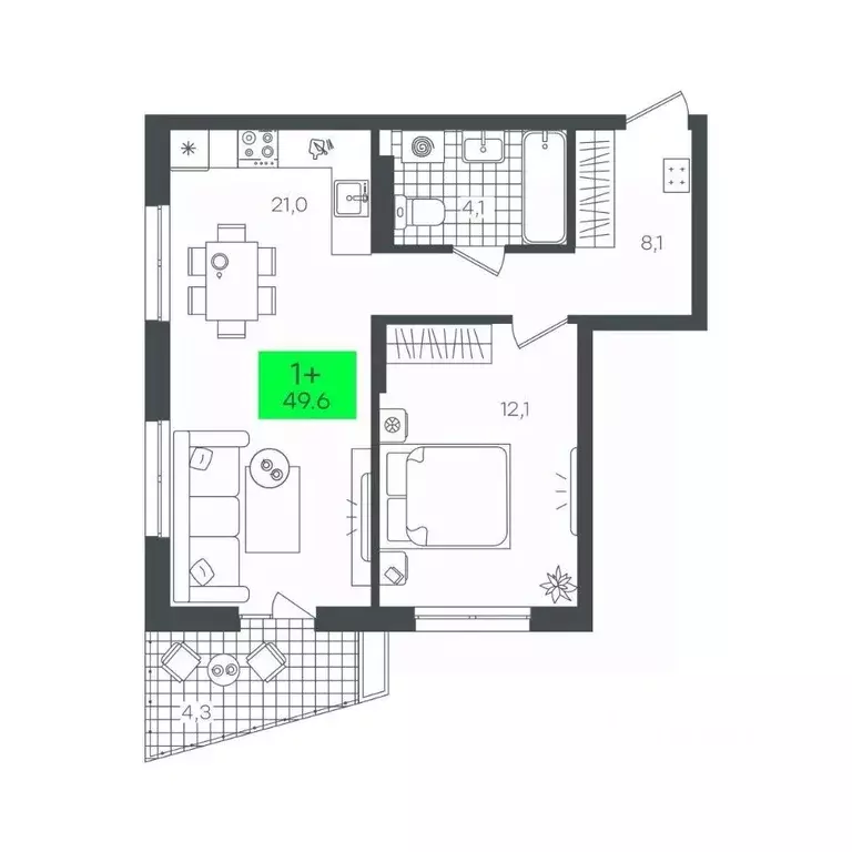 1-к кв. Тюменская область, Тюмень Комарово Парк жилрайон,  (49.6 м) - Фото 1