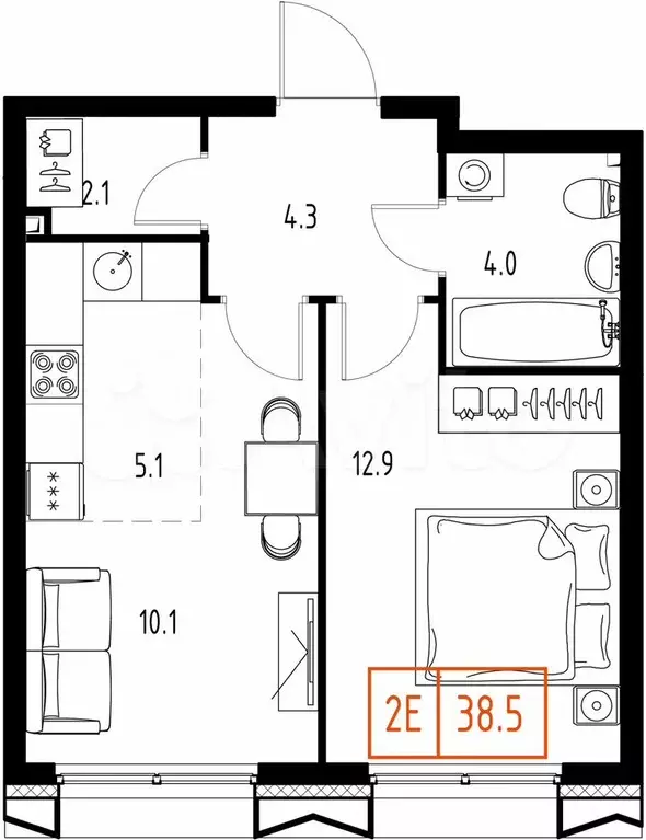 1-к. квартира, 38,5 м, 4/9 эт. - Фото 0