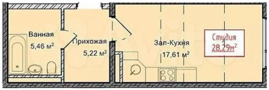 Квартира-студия, 28,3 м, 6/13 эт. - Фото 1