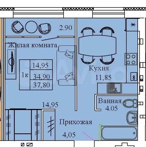 1-к. квартира, 37,8 м, 1/3 эт. - Фото 0