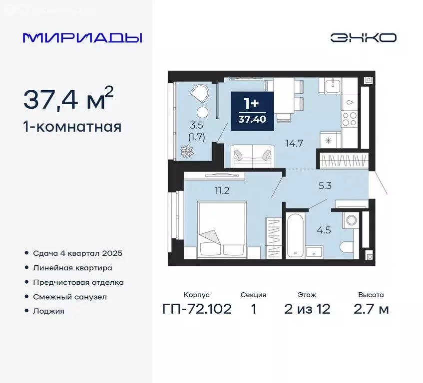 1-комнатная квартира: Тюмень, жилой комплекс Мириады (37.4 м) - Фото 0