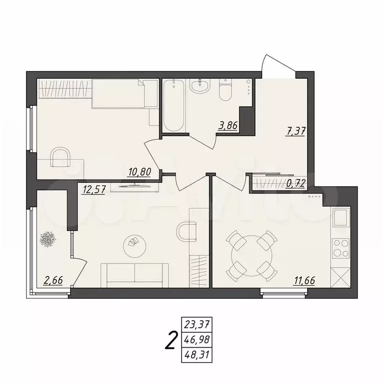 2-к. квартира, 48,3 м, 7/10 эт. - Фото 0