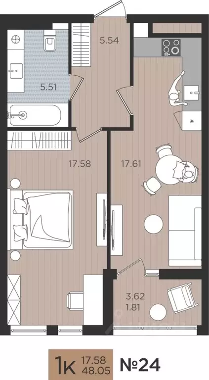 1-к кв. Калининградская область, Калининград Мой Город жилой комплекс ... - Фото 1