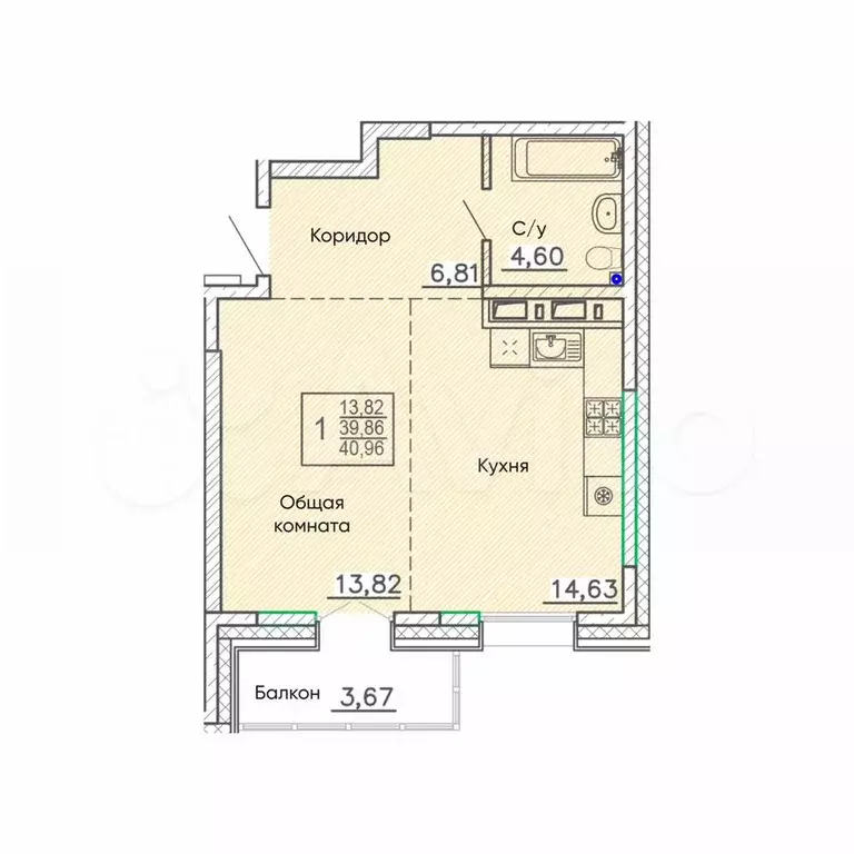 1-к. квартира, 41 м, 5/9 эт. - Фото 0