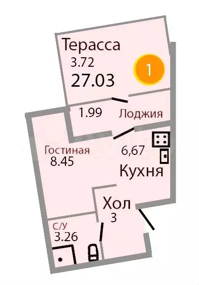 1-к. квартира, 28,6 м, 1/9 эт. - Фото 1