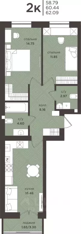 2-к кв. Калининградская область, Гурьевск  (60.44 м) - Фото 1