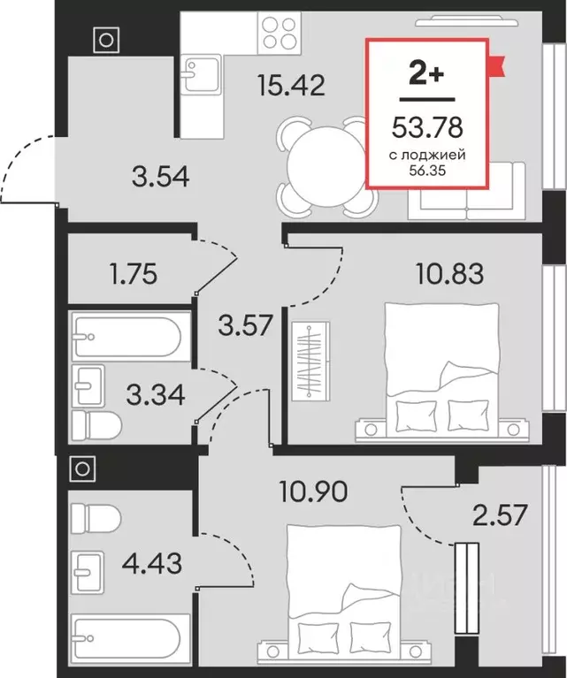 2-к кв. Ханты-Мансийский АО, Нефтеюганск ул. Нефтяников, 48А (53.78 м) - Фото 1