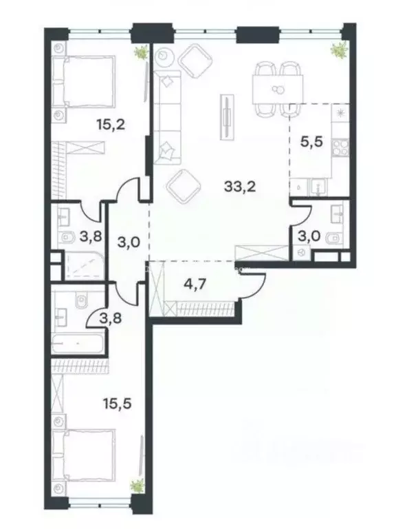 3-к кв. Москва Левел Причальный жилой комплекс, 10к1 (88.8 м) - Фото 2