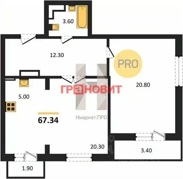 Квартира, 1 комната, 67.34 м - Фото 1