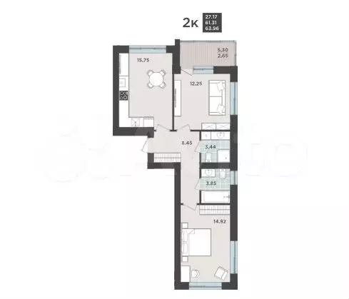 2-к. квартира, 64 м, 4/9 эт. - Фото 1