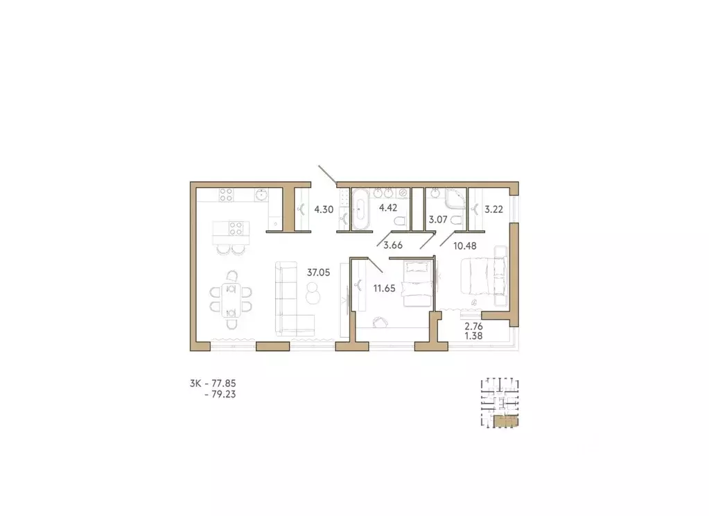 2-к кв. Пензенская область, Пенза Академия жилой комплекс (79.23 м) - Фото 1