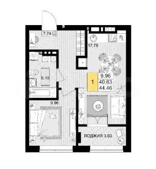 1-к. квартира, 44 м, 2/9 эт. - Фото 1