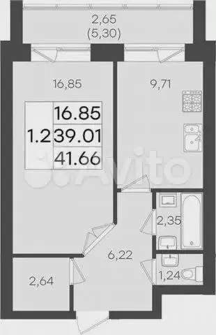 1-к. квартира, 41,7м, 1/5эт. - Фото 1