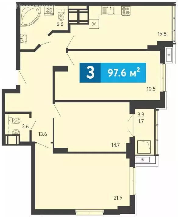 3-комнатная квартира: Засечное, Прибрежный бульвар, 5 (97.6 м) - Фото 1