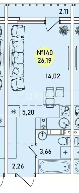 квартира-студия, 26,2 м, 1/9 эт. - Фото 0