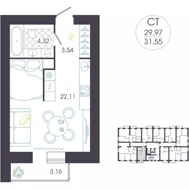 Студия Пензенская область, Пенза Колышлейская ул., 7 (32.15 м) - Фото 2