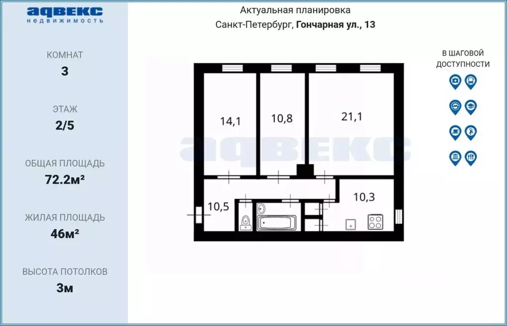 3-к кв. Санкт-Петербург Гончарная ул., 13 (72.2 м) - Фото 2