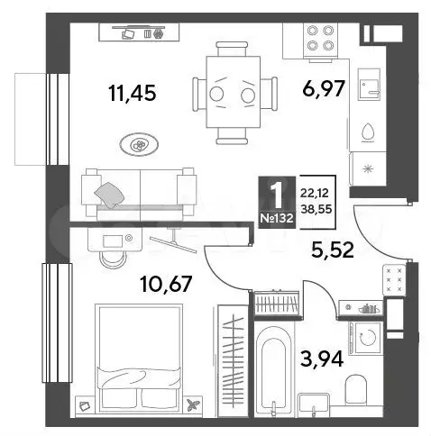 1-к. квартира, 38,6 м, 7/10 эт. - Фото 0